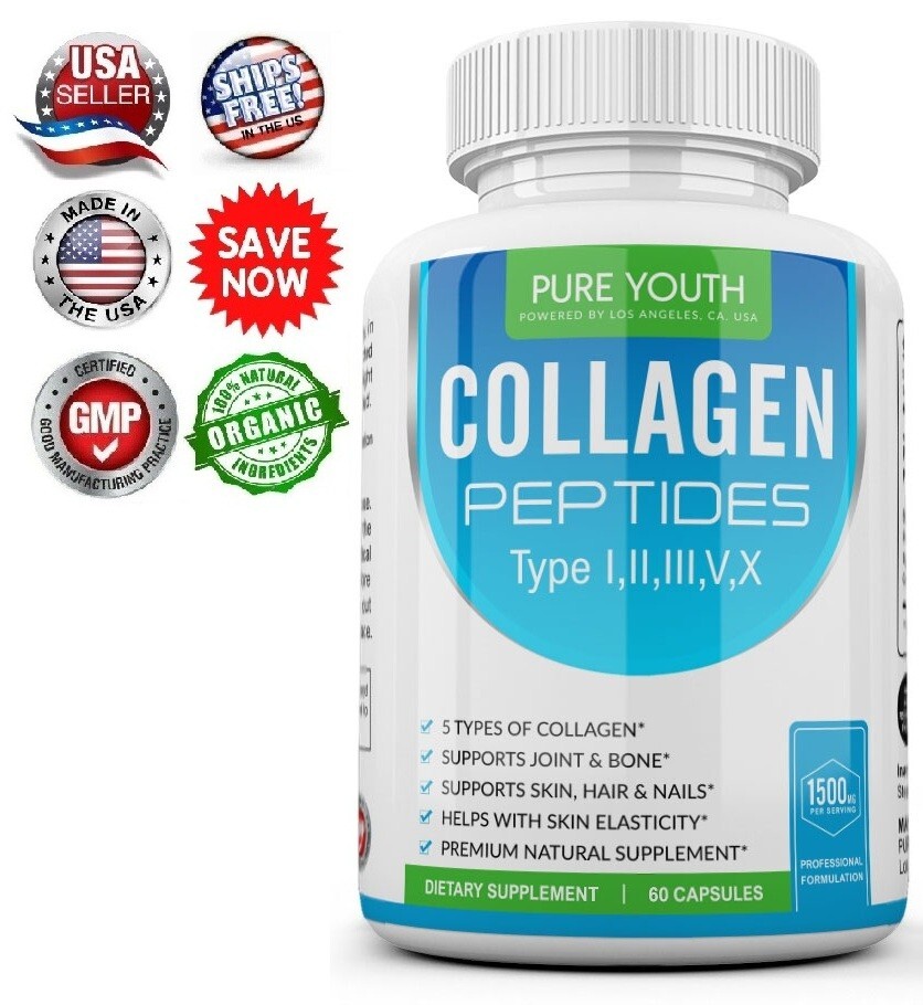 Premium Collagen Peptides Pills Hydrolyzed Anti-Aging (Types I,II,III,V,X) Hair