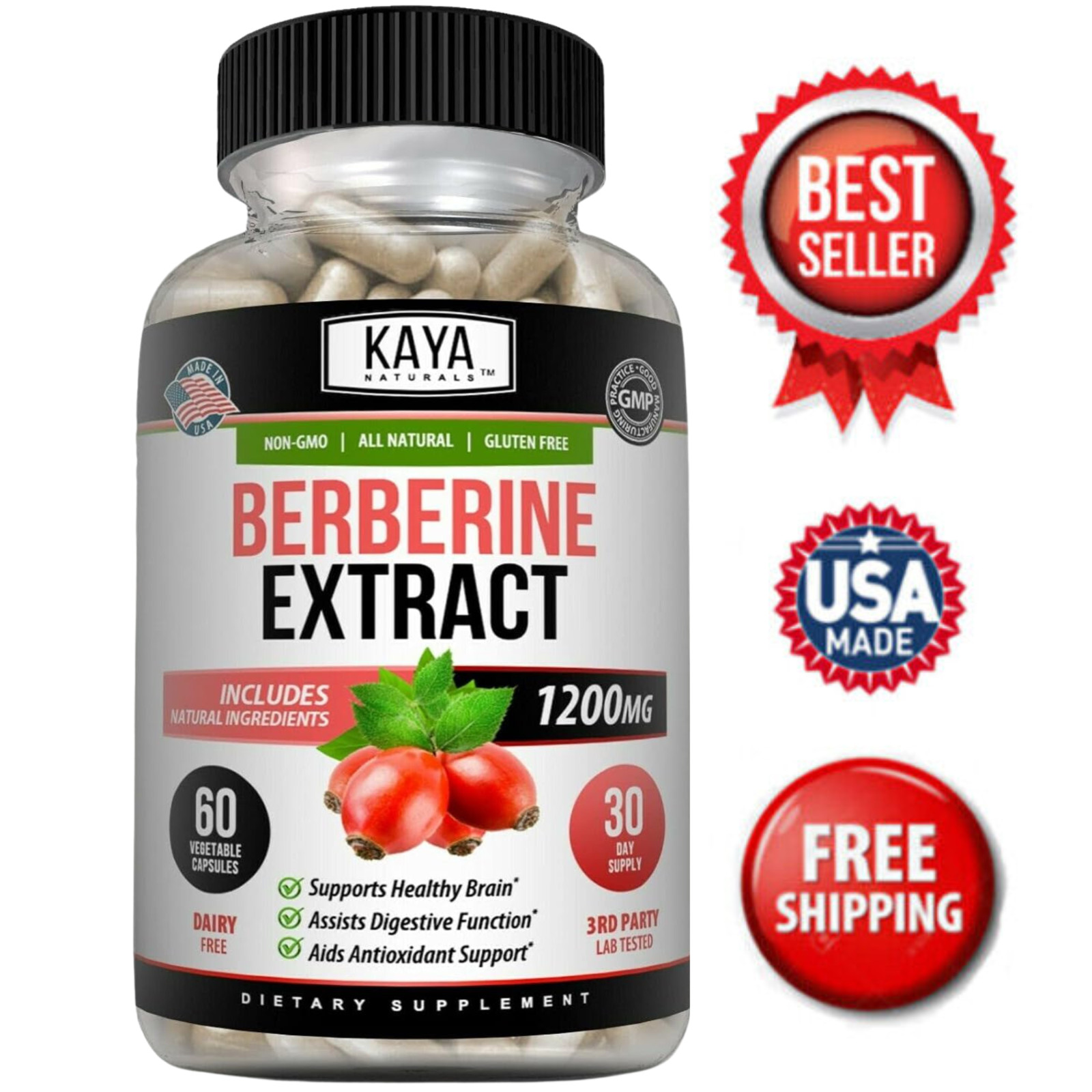 Premium Berberine HCL Extract 1200mg 60ct Healthy Cholesterol Anti-inflammatory