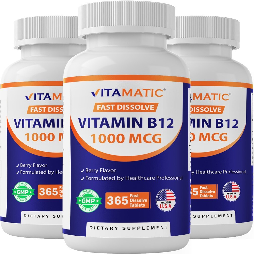 (3 Pack) Vitamatic Vitamin B12 1000 mcg Fast Dissolve 365 Tablets-Berry Flavor