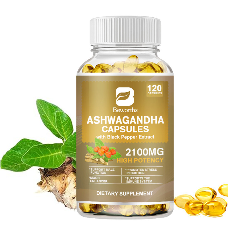 Organic Ashwagandha Capsules 2100mg Softgels Plus Black Pepper Root Powder