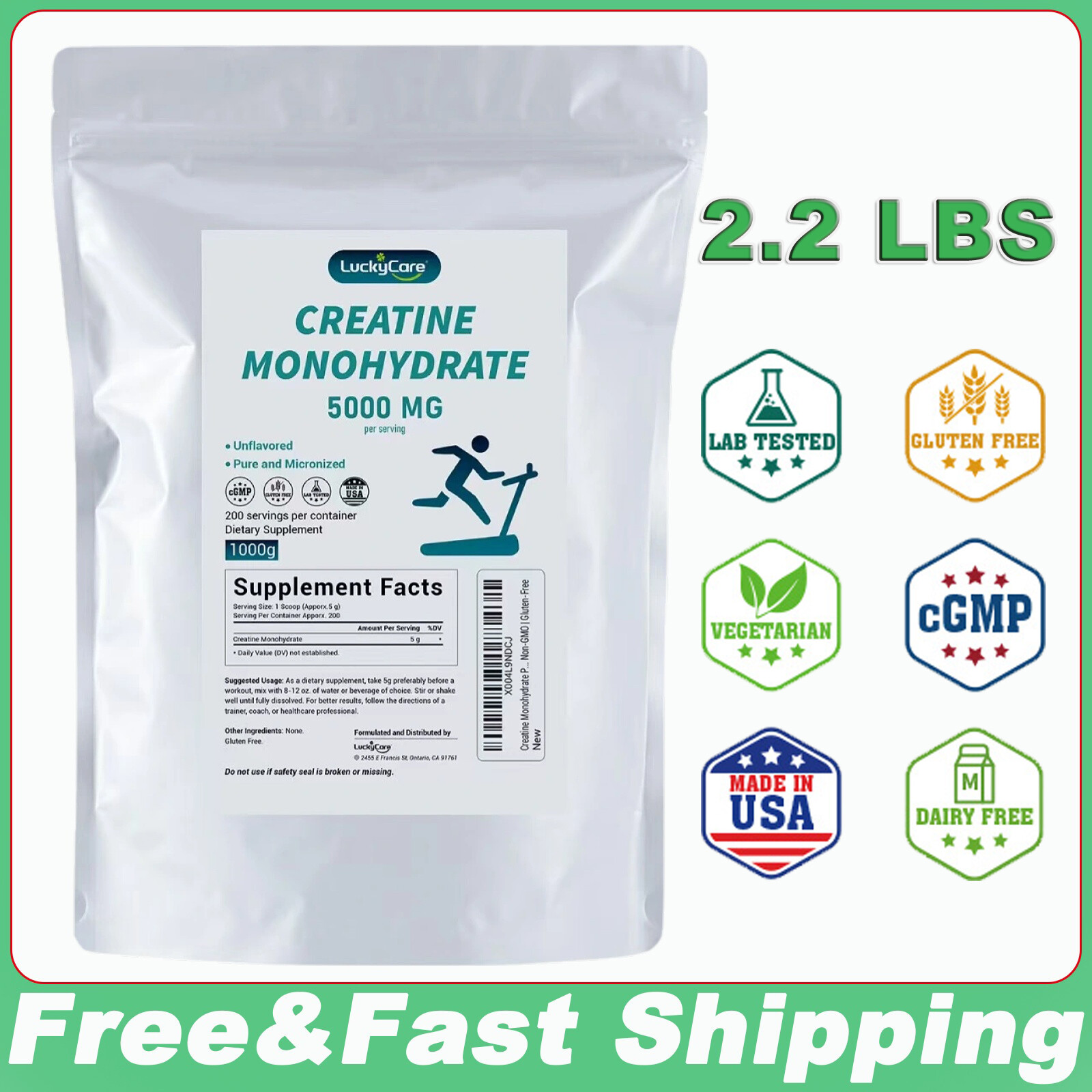 Pure Creatine Monohydrate 2.2lbs – Powder Micronized 200 Servings 5g Per Serving