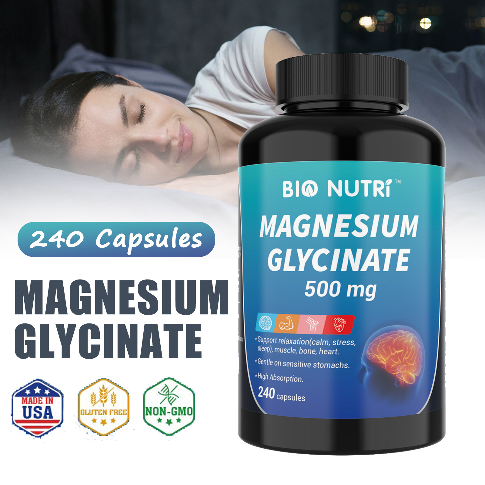Magnesium Glycinate 500mg – 240 Capsules For Sleep, Stress Relief Support Bone