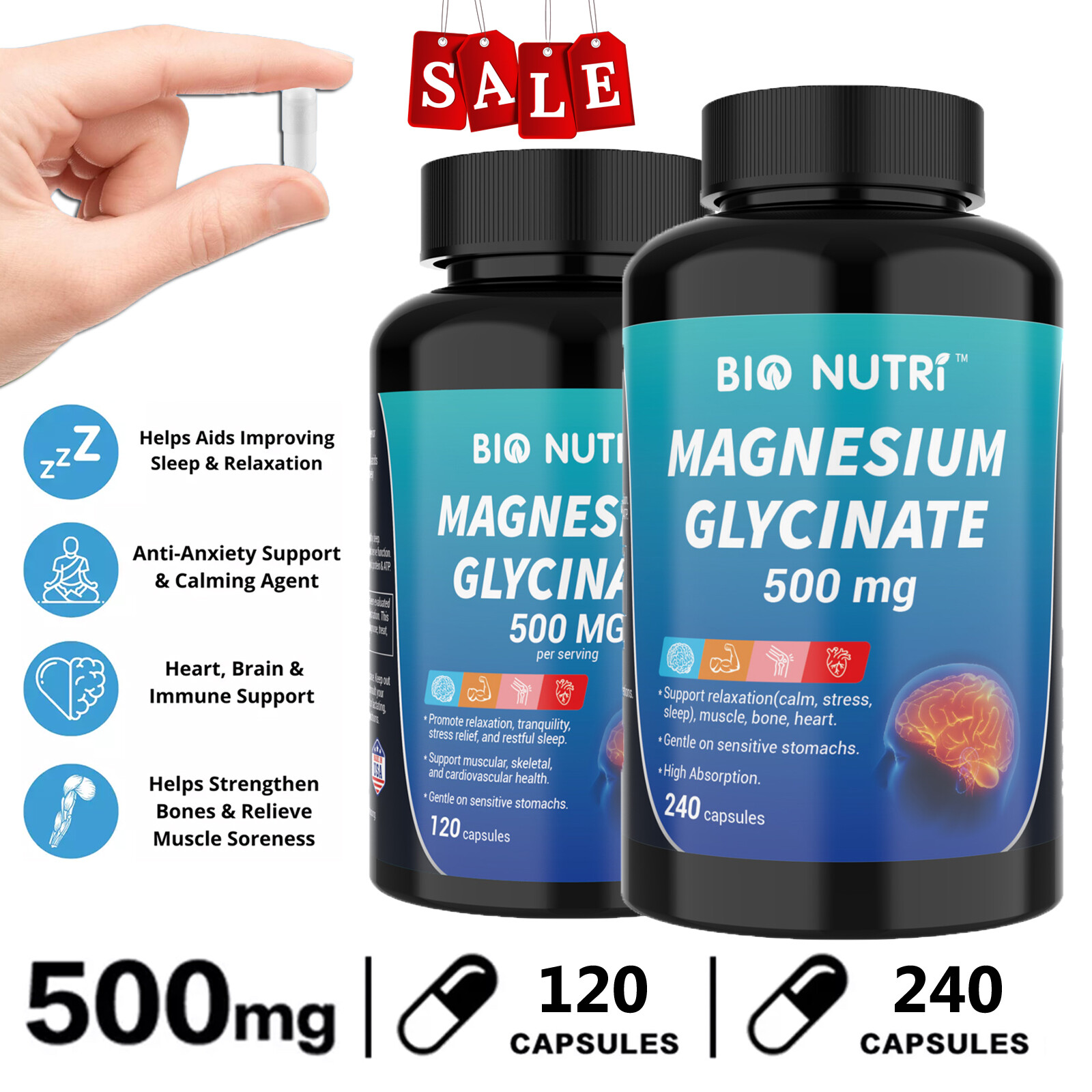 Magnesium Glycinate 500mg-120/240 Capsules For Sleep,Stress Relief Support Bone