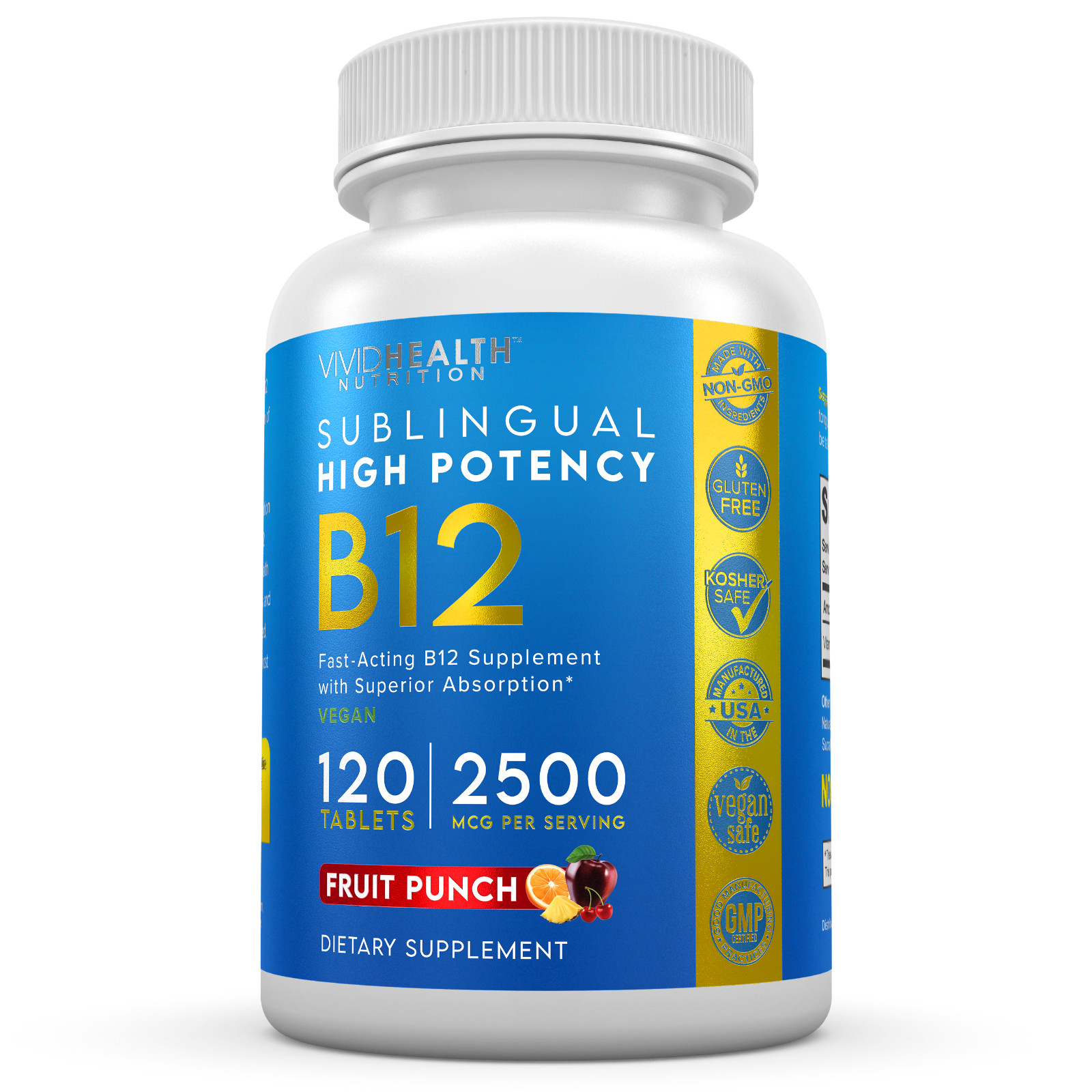 Energy Boosting Vitamin B12 Sublingual, 2500mcg of B-12, 120 Fruit Punch Tablets