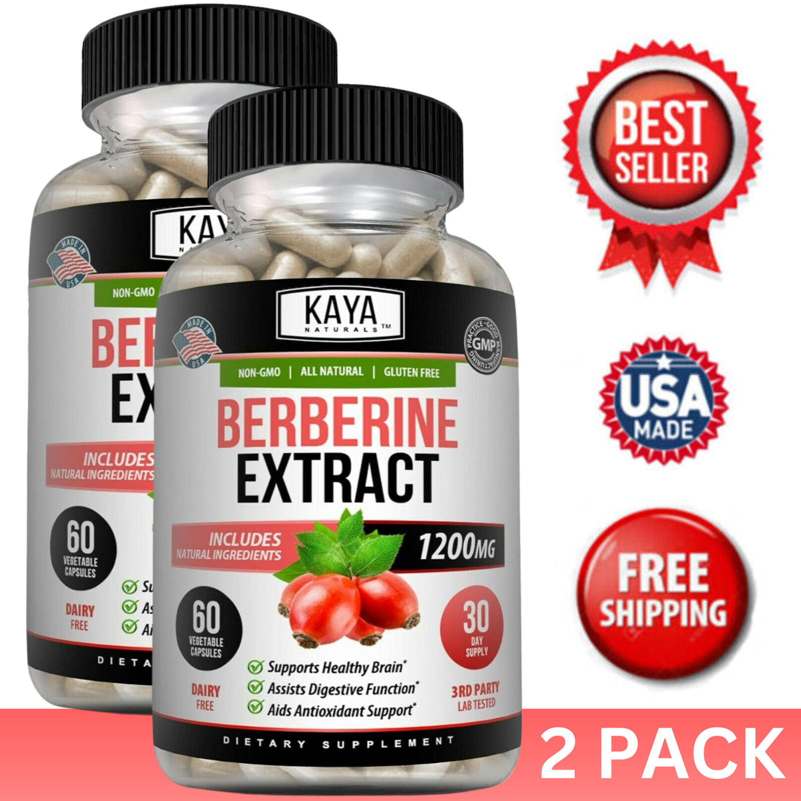 (2 Pack) Premium Berberine HCL 60ct Natural Healthy Cholesterol Glucose Support