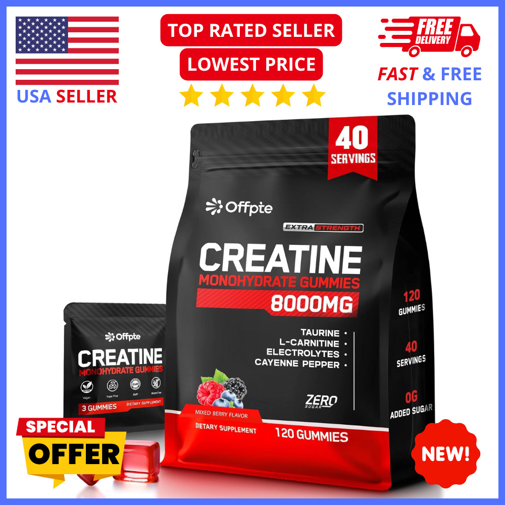 Creatine Monohydrate Gummies Sugar-Free Pre Workout, Lean Muscle Builder – 120ct