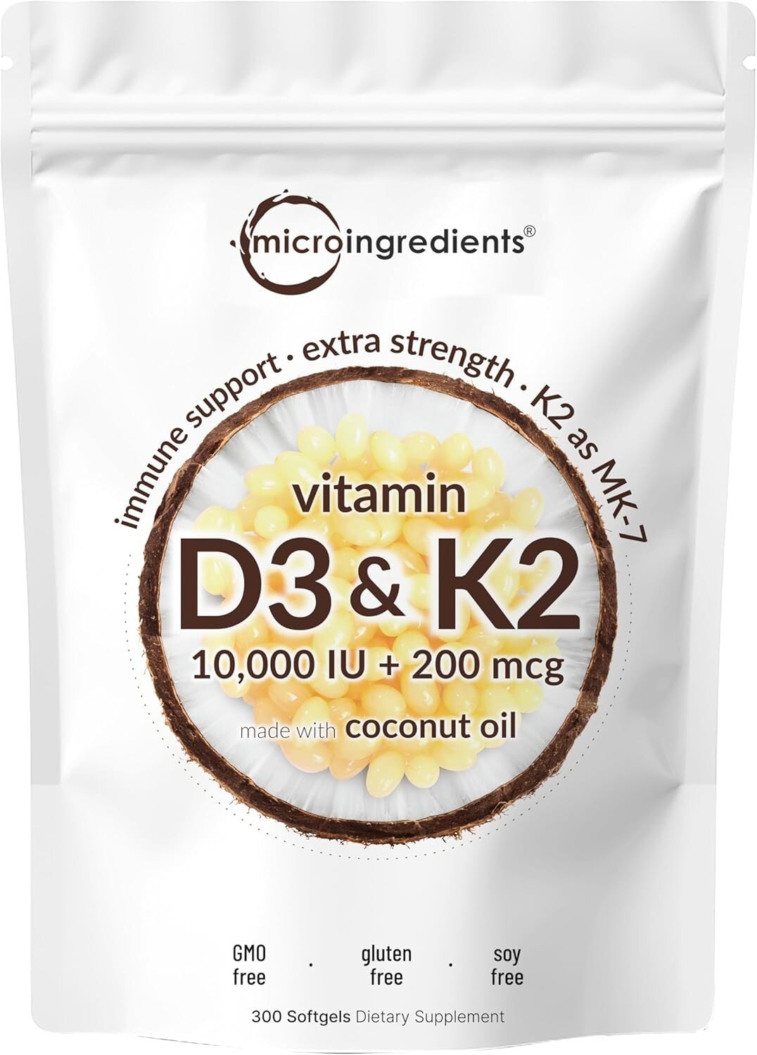 Micro Ingredients Vitamin D3 K2 With Coconut oil,300 Softgels Dietary Supplement
