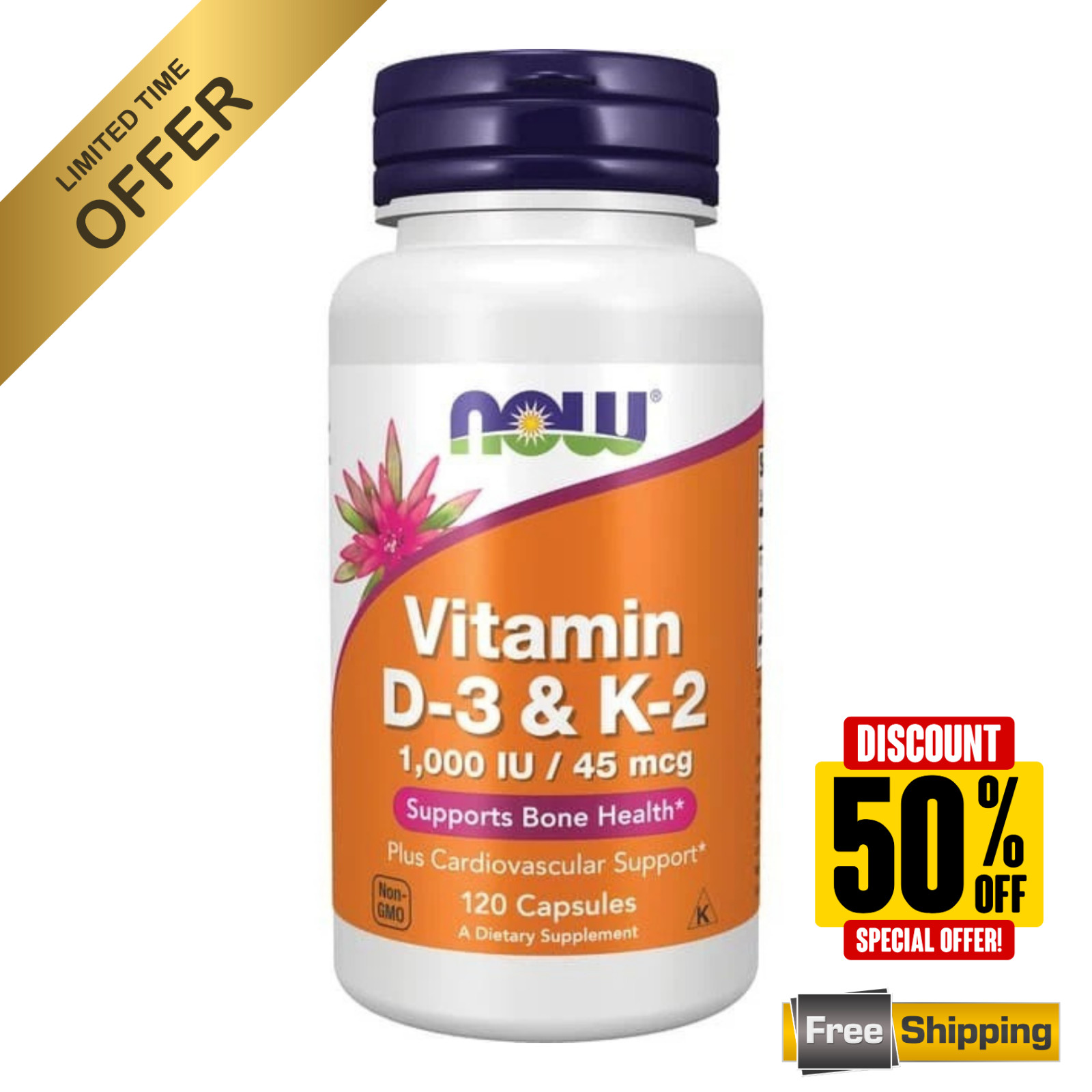 NOW Foods Vitamin D-3 & K-2 120 Caps