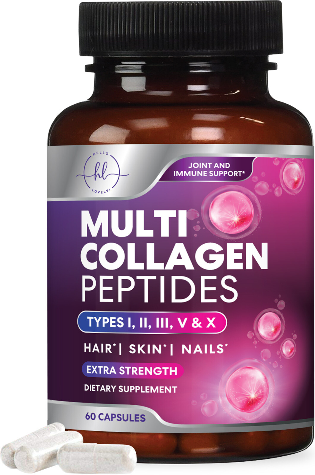 Collagen Peptides Pills 1000mg Hydrolyzed Anti Aging Capsules Types I,II,III,V,X