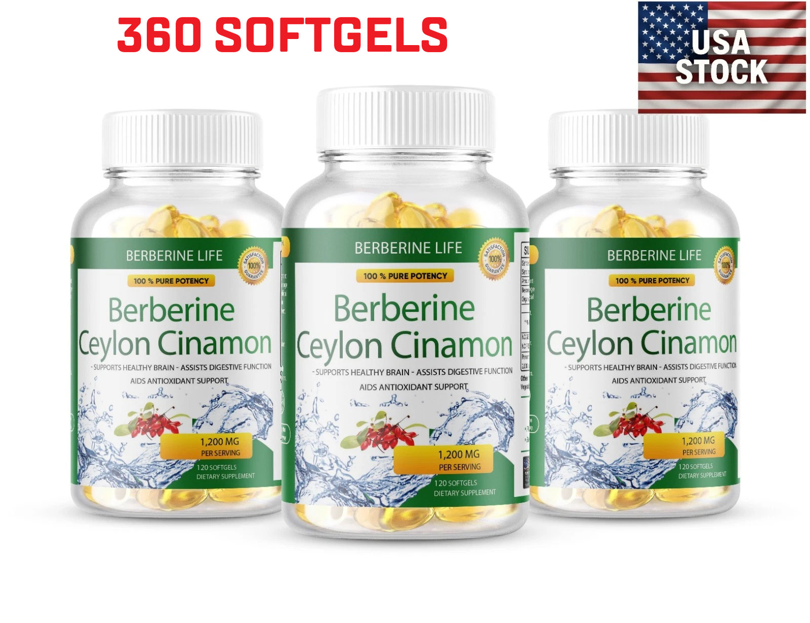 3 Packs Berberine 1200mg High Abosorption 360 Blood Sugar Immune 6 Months Supply