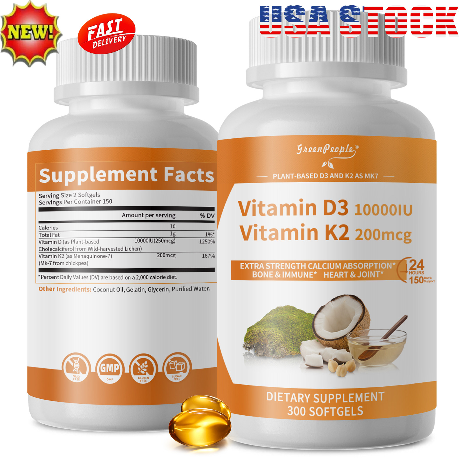 Vitamin D3 10000 IU K2 MK7 200 mcg, Vit D3 and K2 Supplement 300 softgels