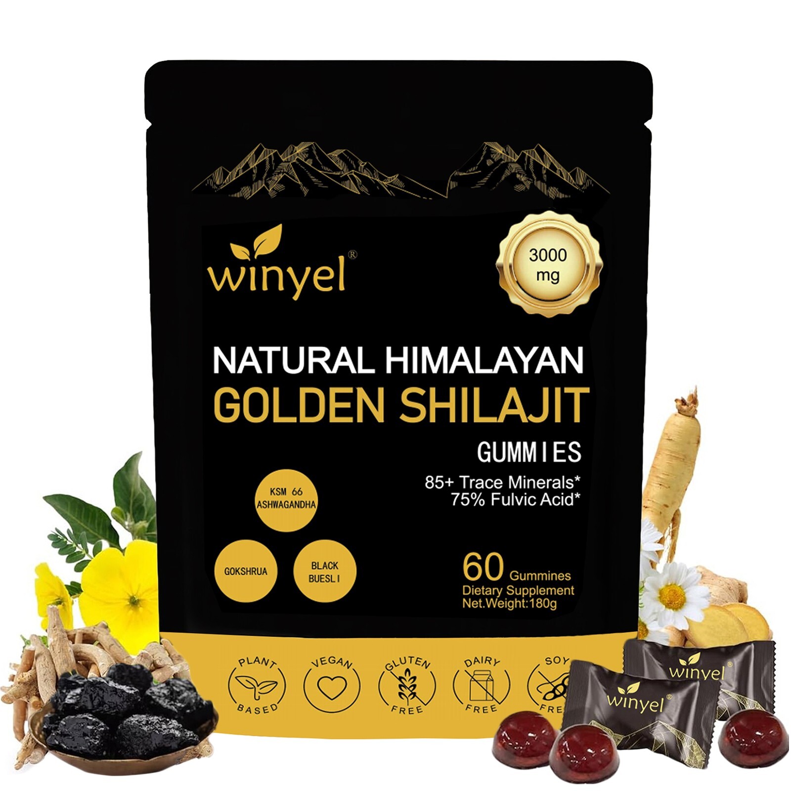 Shilajit Gummies, Himalayan Shilajit Supplements, Ashwagandha, Gokshura