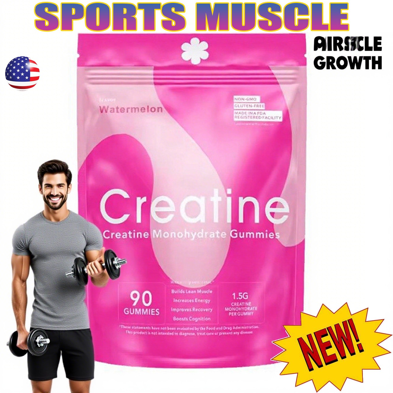 90 -Count CREATE WELLNESS CREATINE MONOHYDRATE GUMMIES – Sour Watermelon FLAVOR