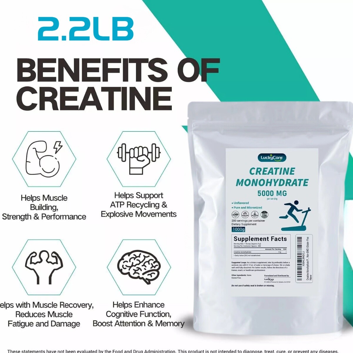 2.2lbs Pure Creatine Monohydrate Powder Micronized 200 Servings 5g Per Serving