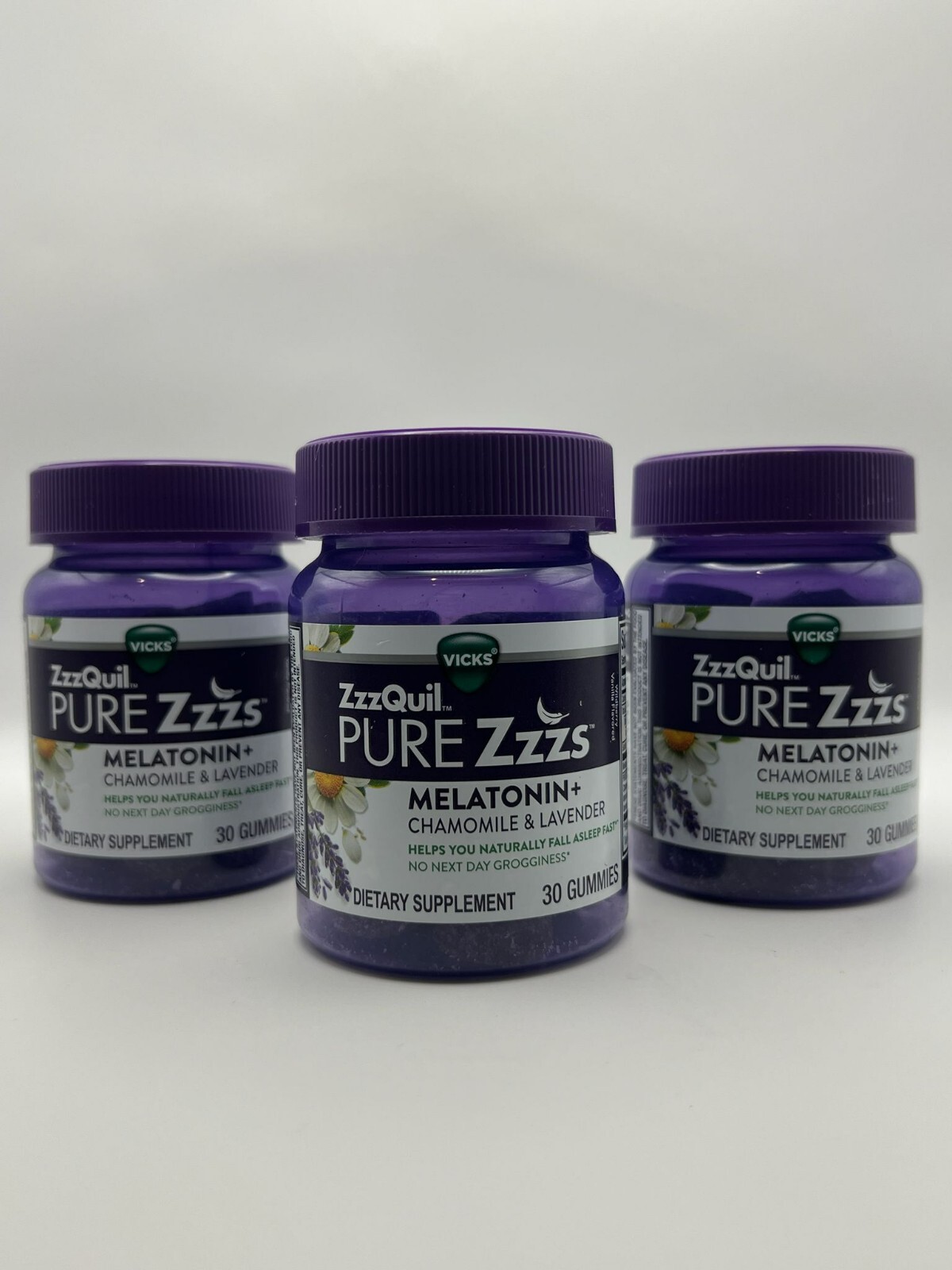 3 Pack – Vicks ZzzQuil Pure Zzzs Melatonin + Chamomile & Lavender 30 Gummies /ea