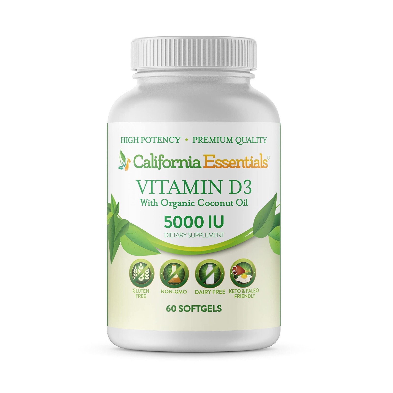 Vitamin D3 5000 IU with Organic Coconut Oil Softgels Gluten Free Non-GMO
