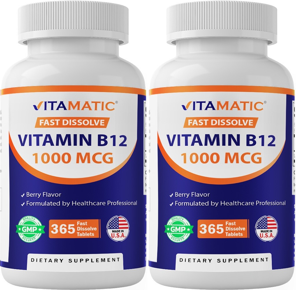 (2 Pack) Vitamatic Vitamin B12 1000 mcg Fast Dissolve 365 Tablets-Berry Flavor