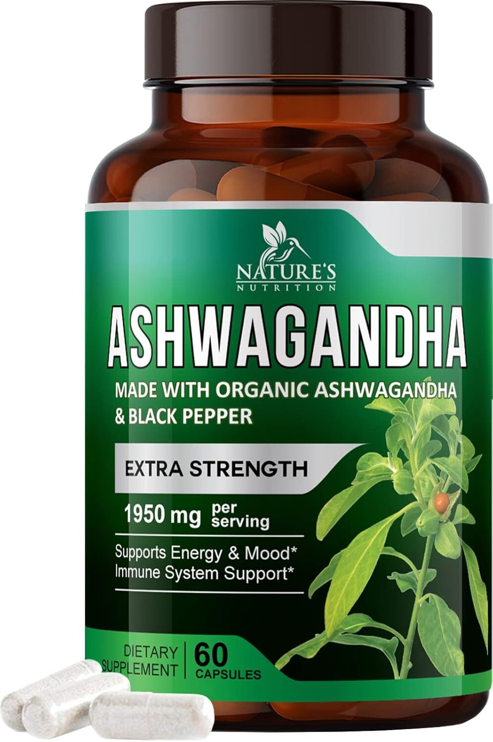 Organic Ashwagandha Capsules 1950mg Supplement w/ Black Pepper Root Powder