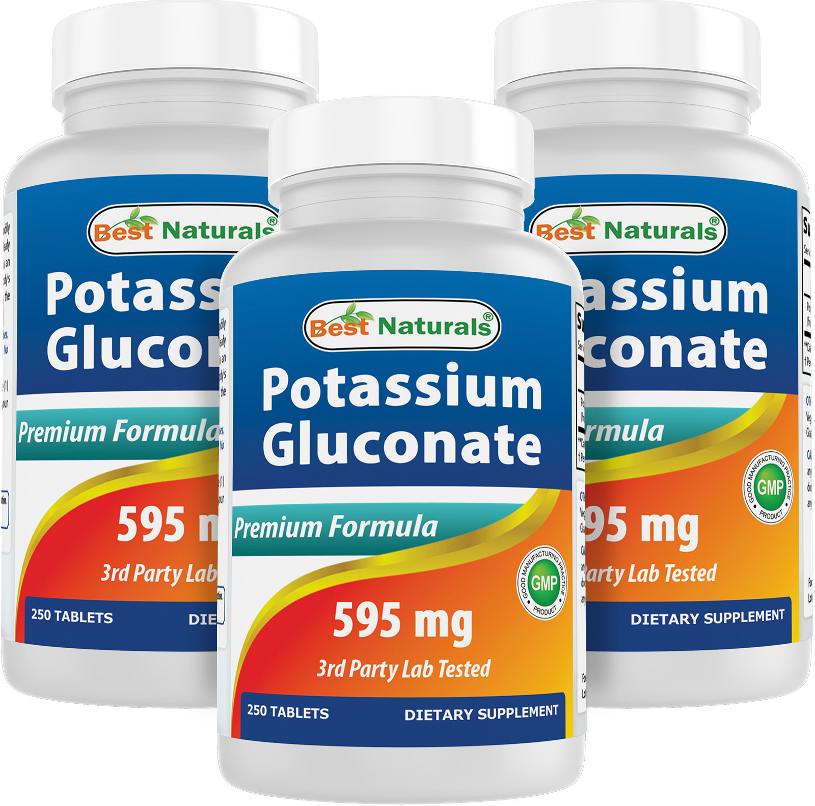 3 Pack Best Naturals Potassium Gluconate 595 mg 250 Tablets