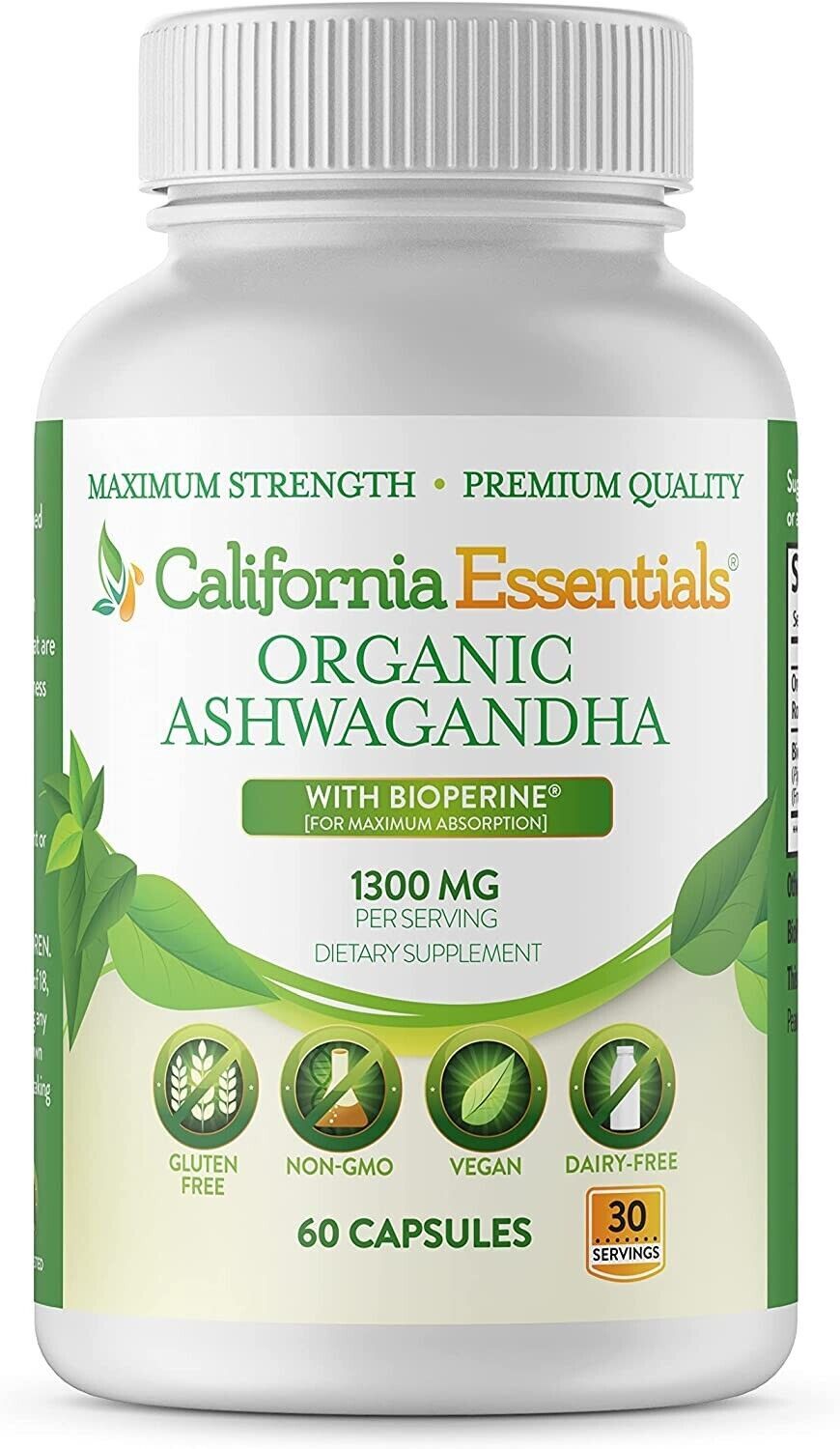 Organic Ashwagandha Root Powder 1300mg with Bioperine Black Pepper Extract 20mg