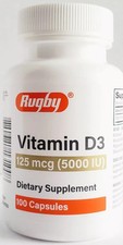Rugby Vitamin D3 5000 IU (125mcg) 100 Capsules – Exp Date 05-2026