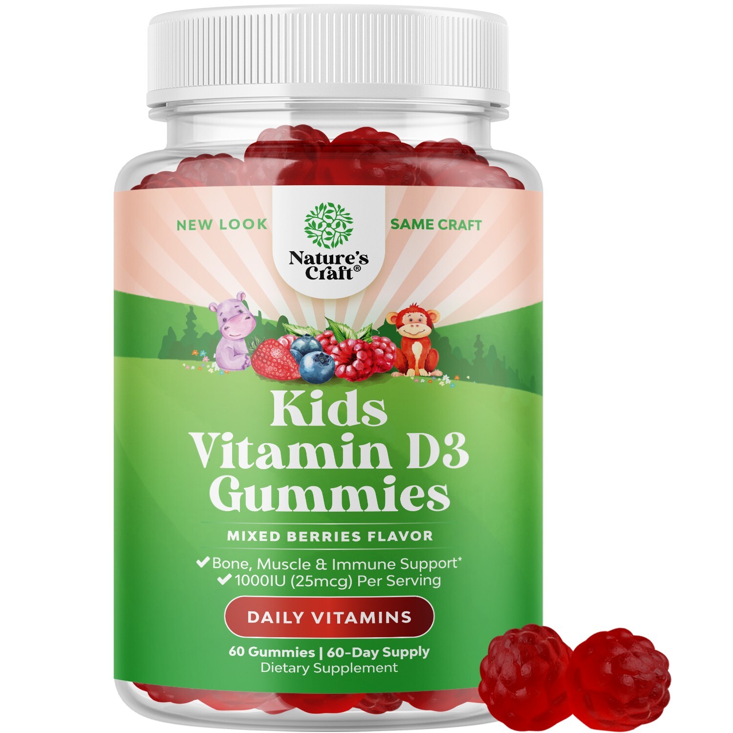 Chewable Vitamin D3 Gummies for Kids – 1000IU (25mcg) Per Serving 60ct