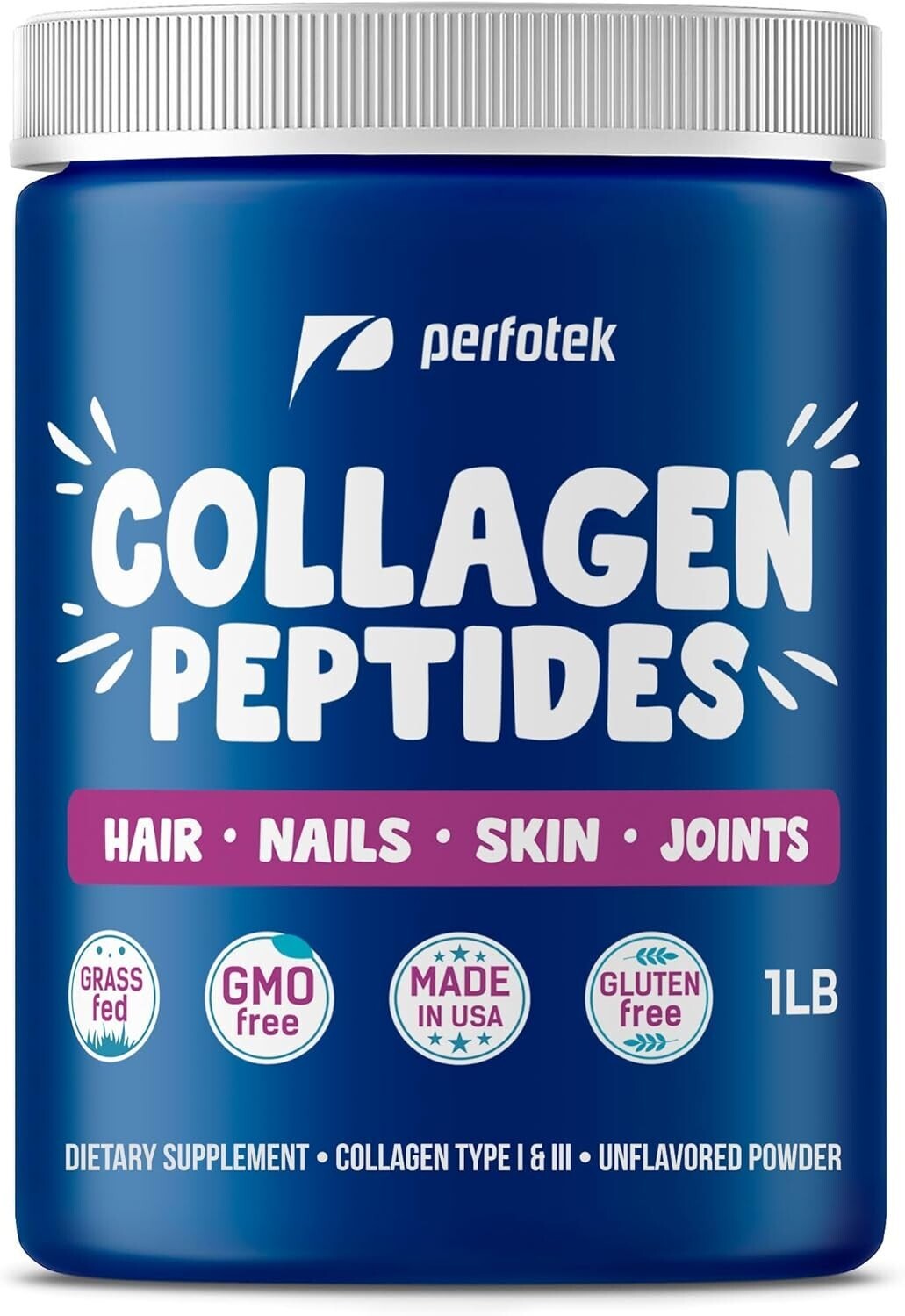 Perfotek Collagen Powder for Women Men Types I-III Unflavored Easy to Mix 1LB