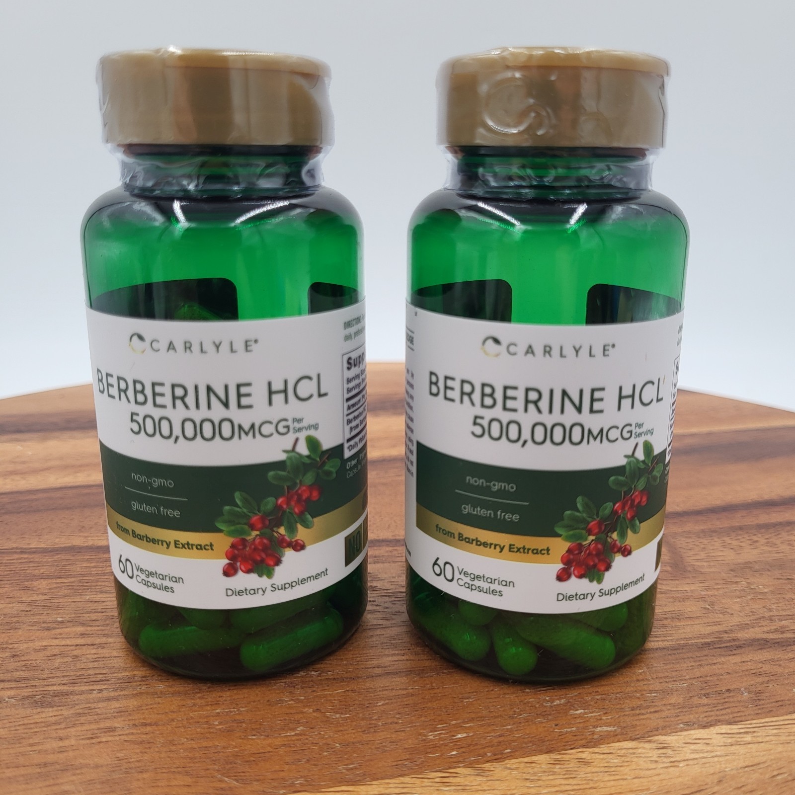 LOT OF 2 BOTTLES Berberine 500,000mcg 60 Capsules HCL Non-GMO Carlyle EX 02-2028