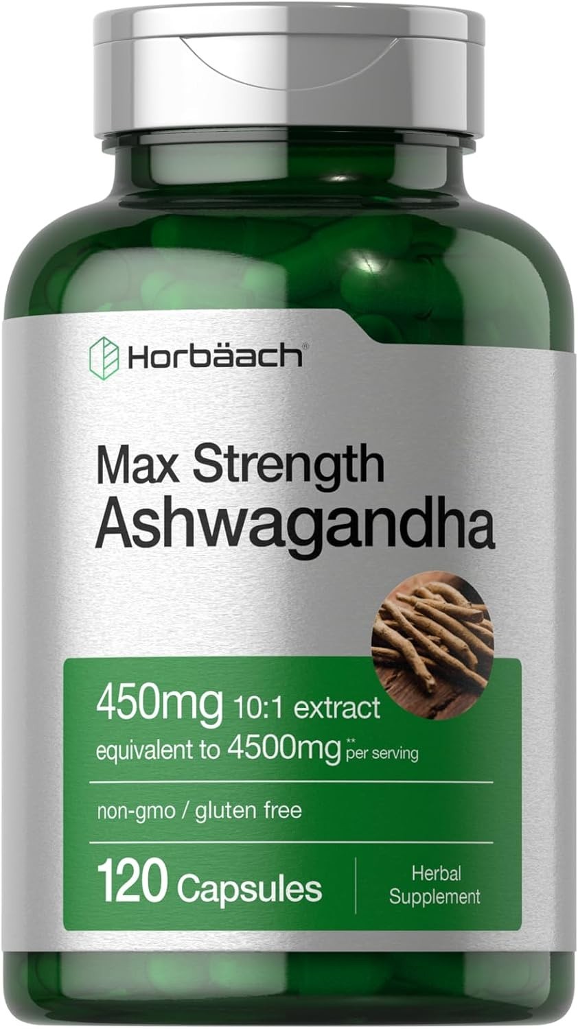 Horbäach Ashwagandha Supplement – Max Strength, 120 Capsules, Non-GMO