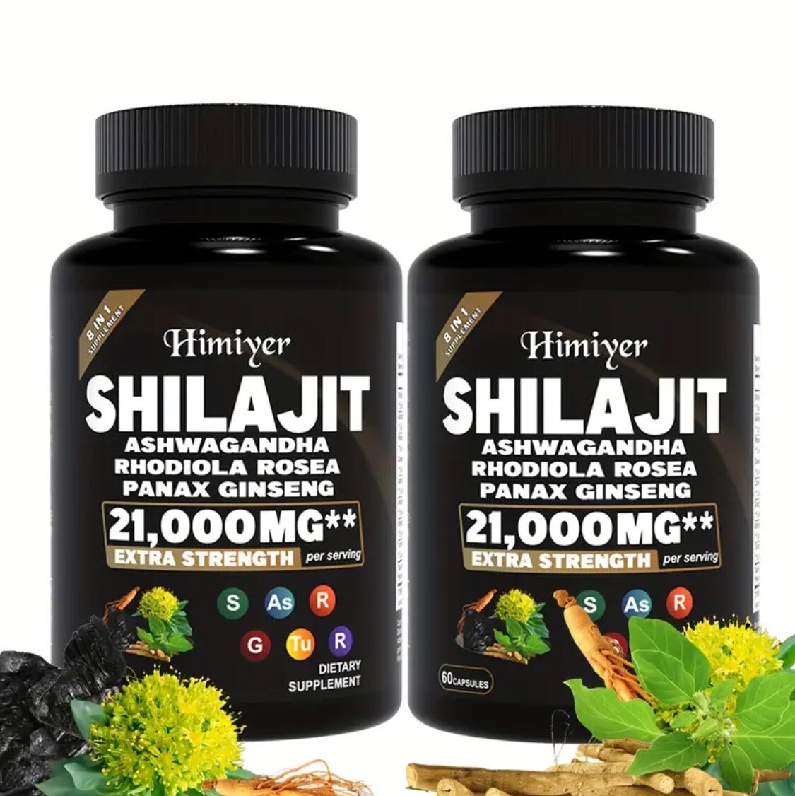 2 Shilajit 100% Pure Himalayan 9000MG EnergyBooster Ashwagandha 2000MG 60Caps/ea