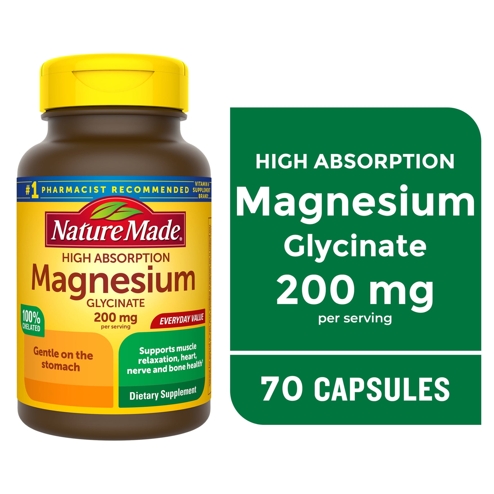 Magnesium Glycinate 200 mg Per Serving Capsules, Dietary Supplement, 70 Count