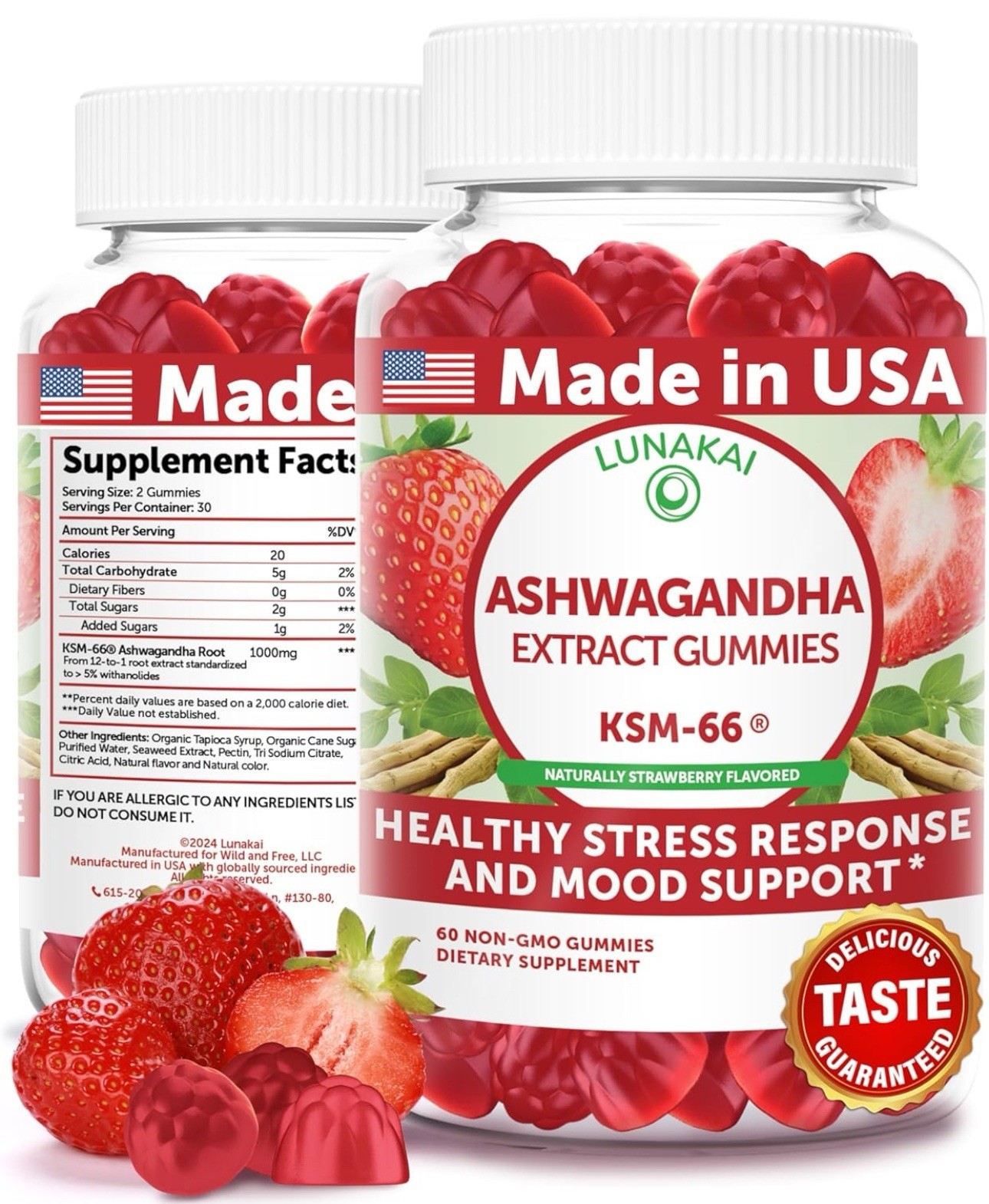 Lunakai Ashwagandha Extract 60 Gummies KSM-66 Non-GMO Strawberry Flavor