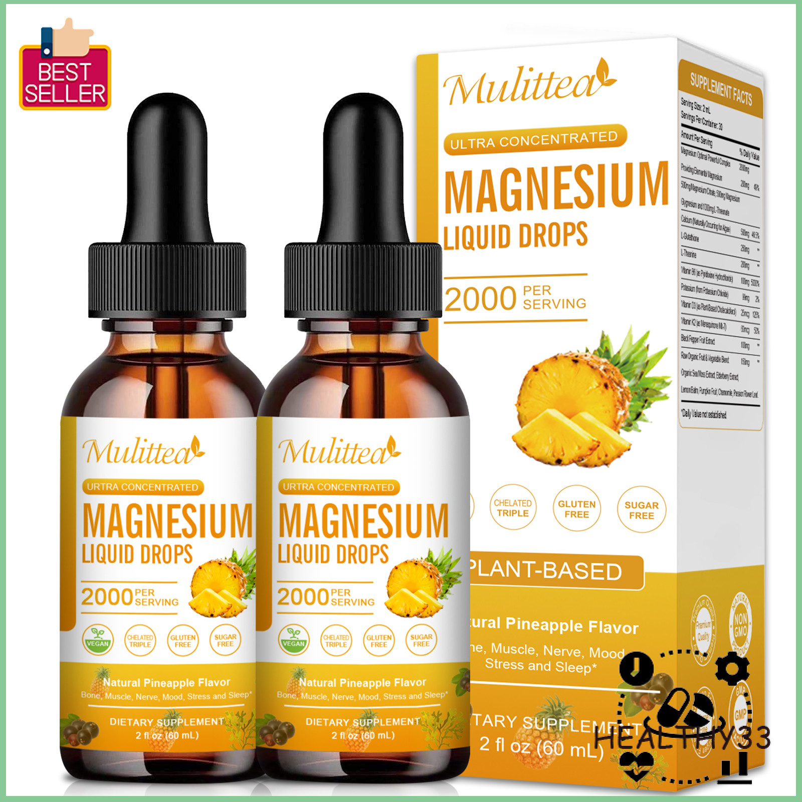 2 Packs Magnesium Glycinate Liquid Drops 2000mg Improve Sleep,Anxiety Relief