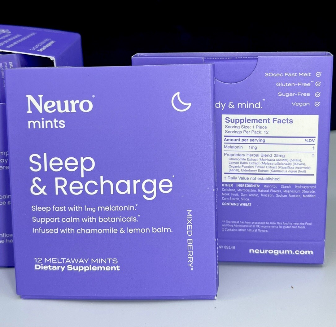 Neuro Mints Sleep & Recharge 2pk 24pc 1mg Melatonin BotanicalsChamomileLemonBalm