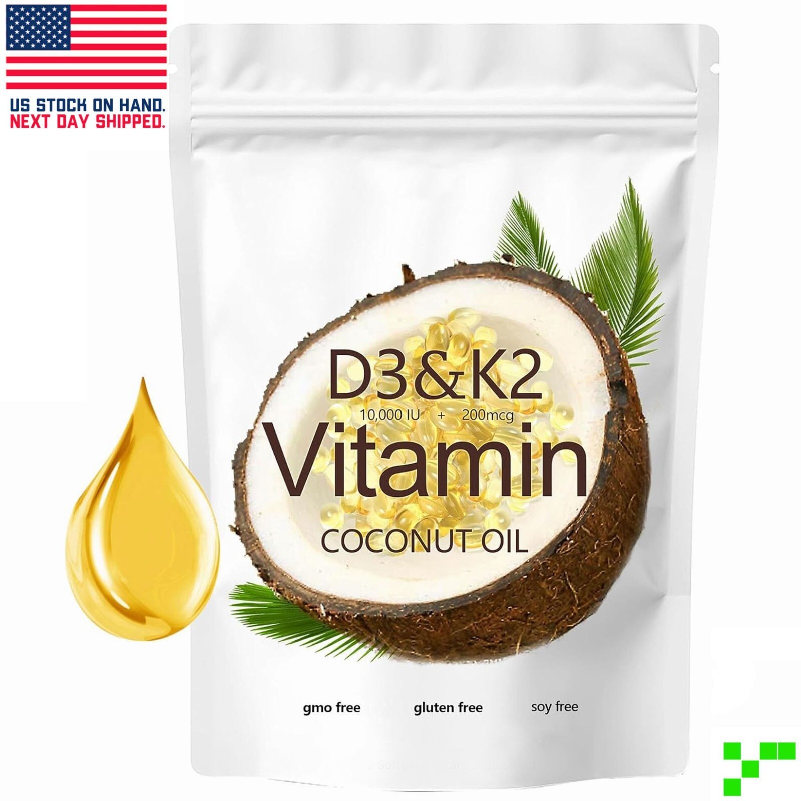 Vitamin D3 10000 IU + K2 200mcg Coconut Oil 180 Softgels No GMO, Gluten, or Soy