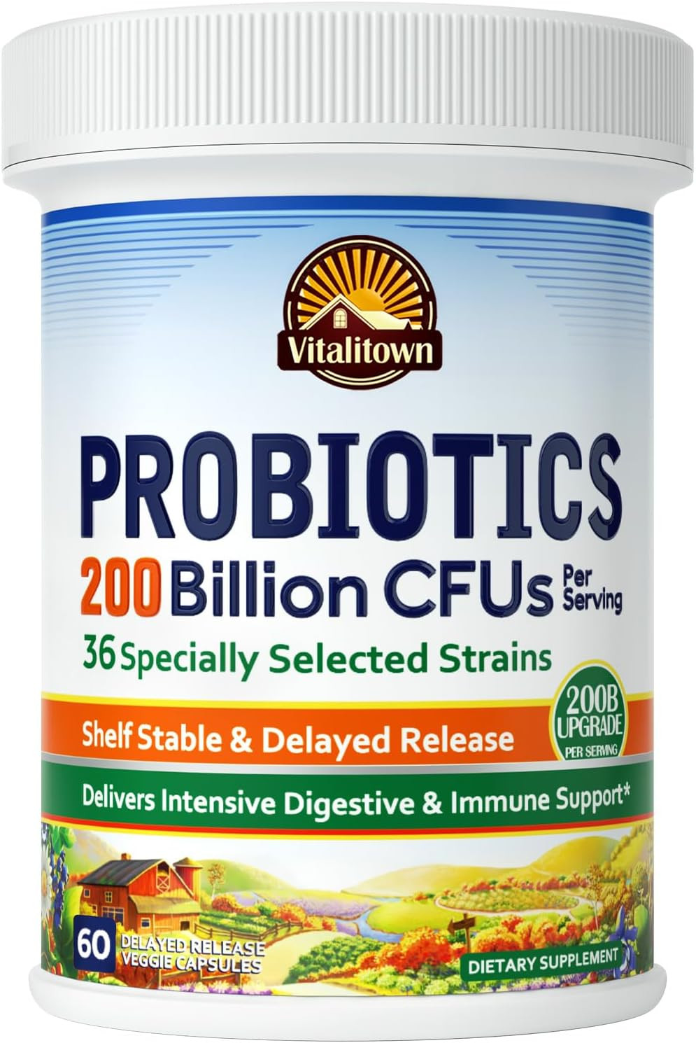 Vitalitown Probiotics 200 Billion CFUs 36 Strains | Shelf Stable, Acid & Bile Re