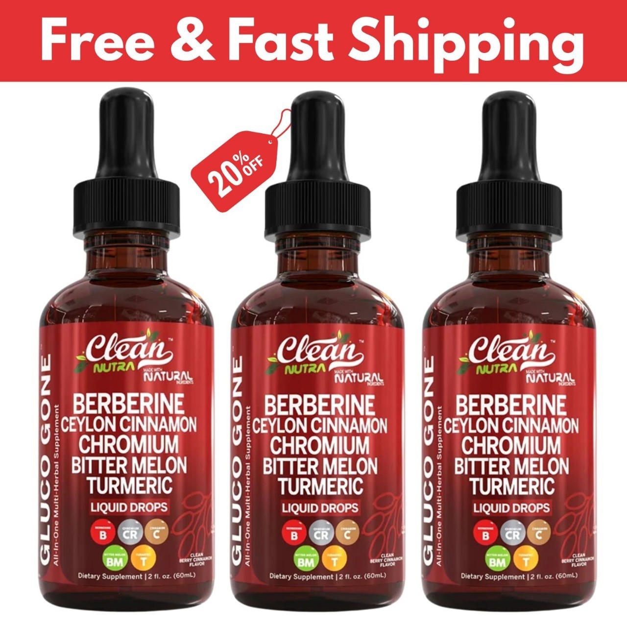 Clean Nutra Berberine with Ceylon Cinnamon Supplement Liquid Drops 3pack
