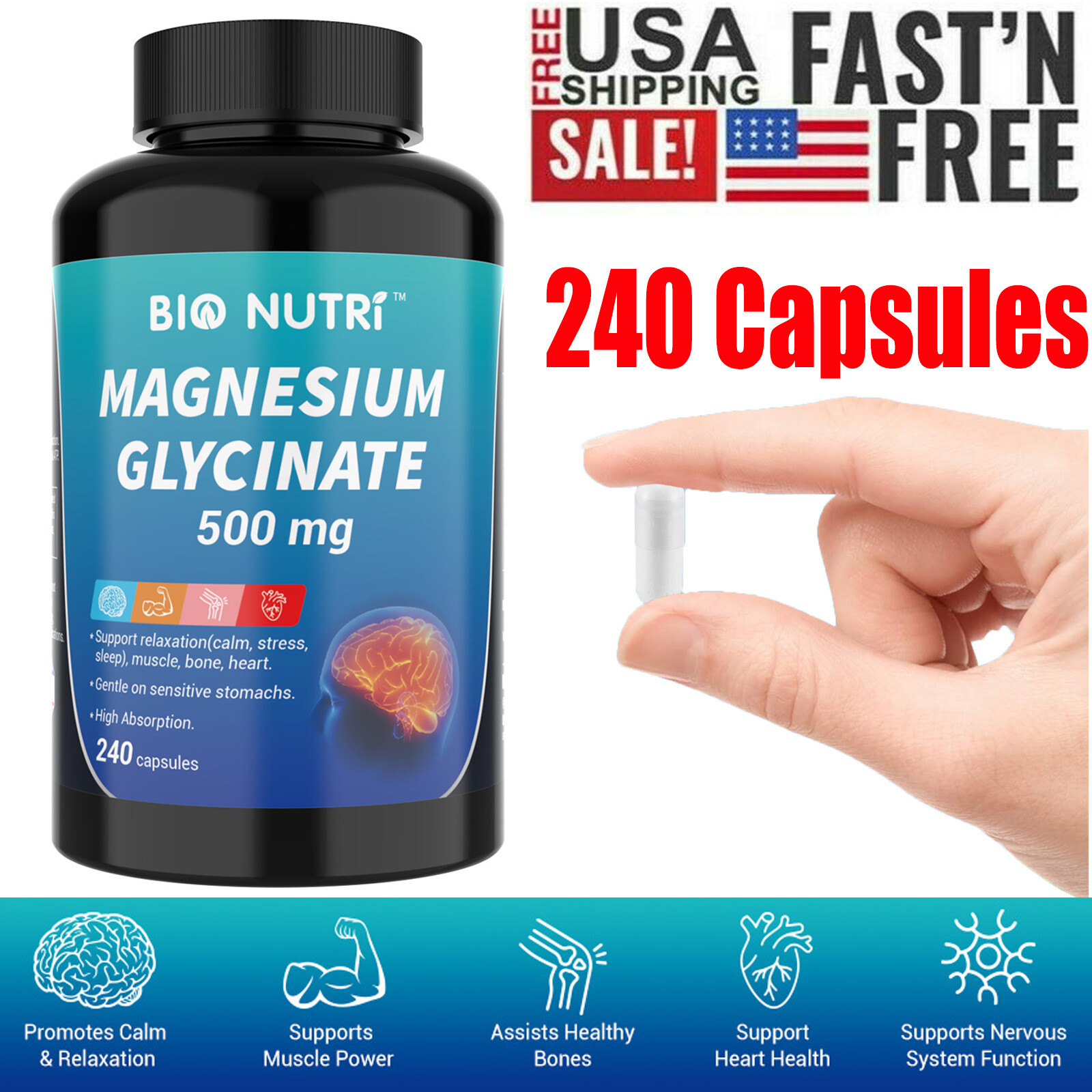 Cardiovascular Health Magnesium Glycinate 500 mg – 240 Capsules High Absorption
