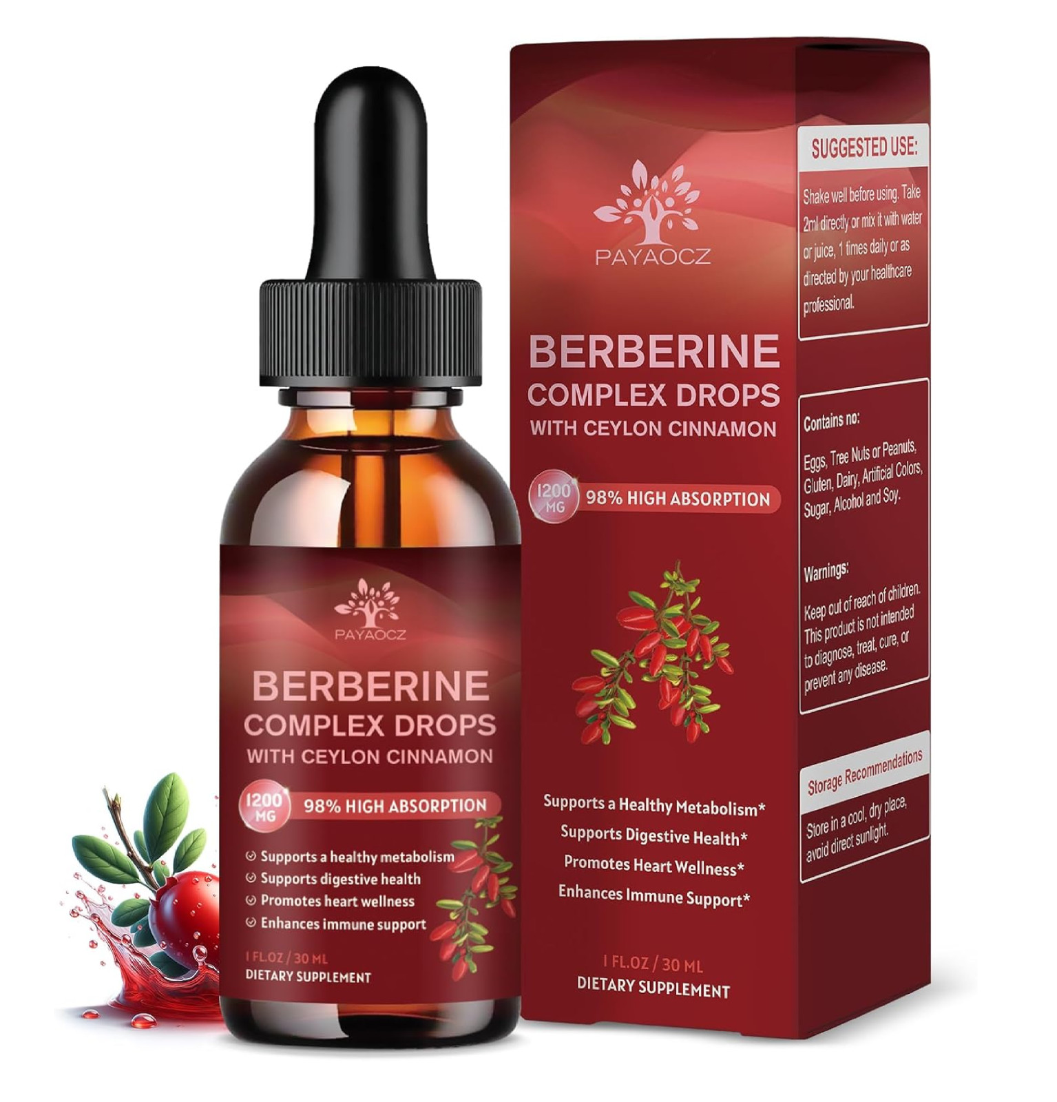 (2 Pack) Berberine HCL Liquid Drops Supplement – 1200Mg Berberine Root with Orga