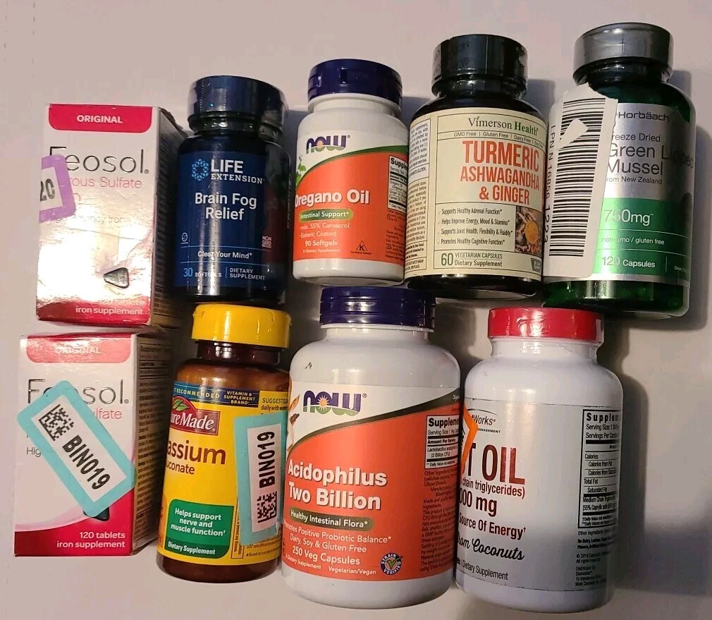 Vitamins Bulk Sealed Lot of 9  Potassium  Turmeric Oregano Oil Acidophilus 2025