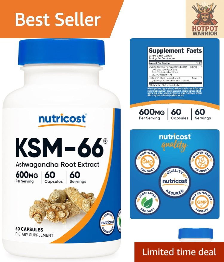 Non-GMO KSM-66 Ashwagandha Root Extract 600mg – 60 Veggie Capsules,  Approved