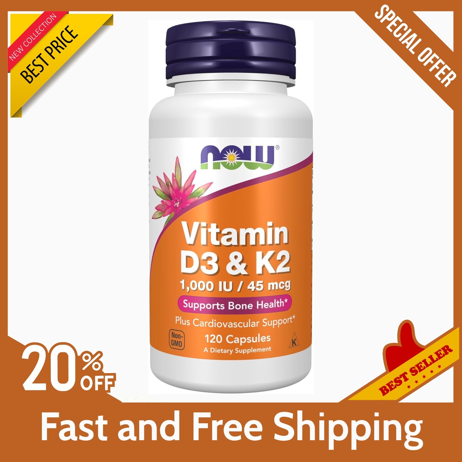 NOW Foods Vitamin D-3 and K-2 Vegetarian Capsules – 120 Count, Free Shipping!NEW