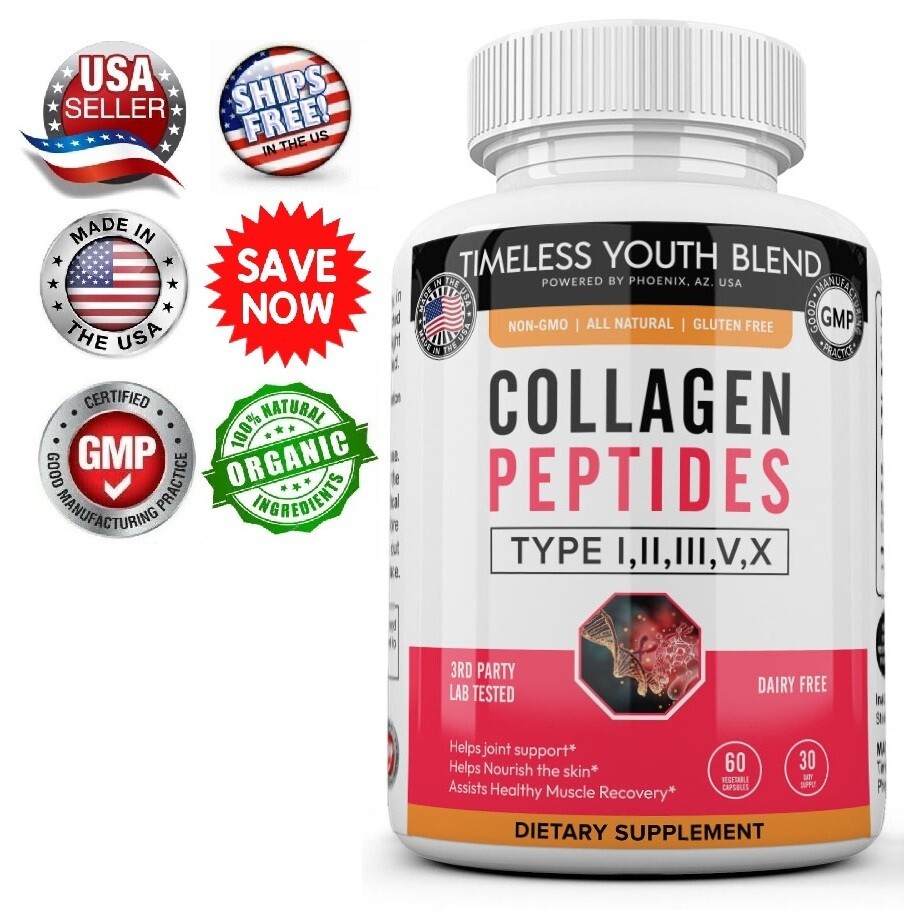 Collagen Peptides Types I, II, III, V, X 1500mg Pills Anti-Aging Skin Capsules