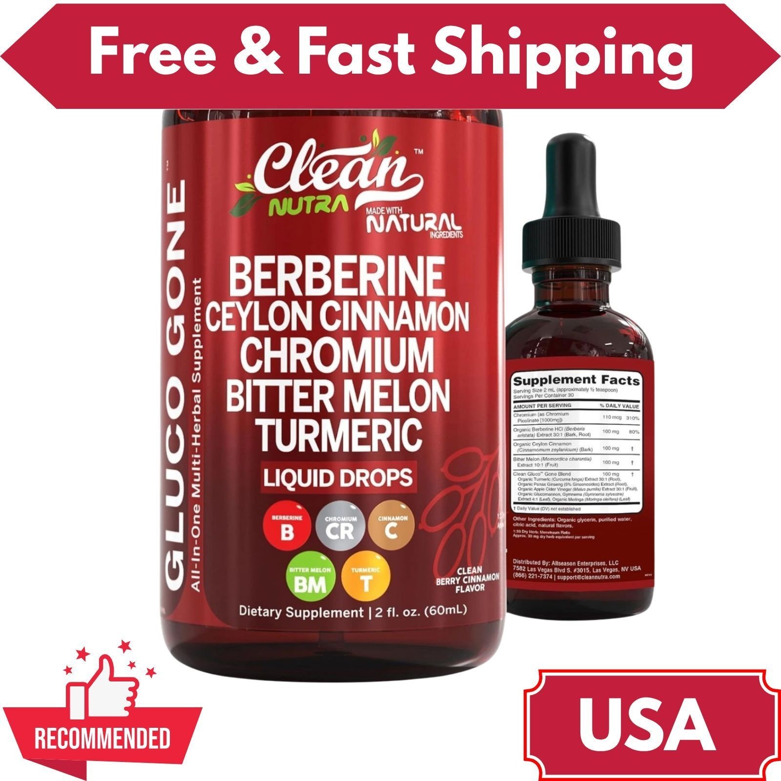Clean Nutra Berberine Ceylon Cinnamon Supplement Liquid Drops 2 oz Pack of 1 USA