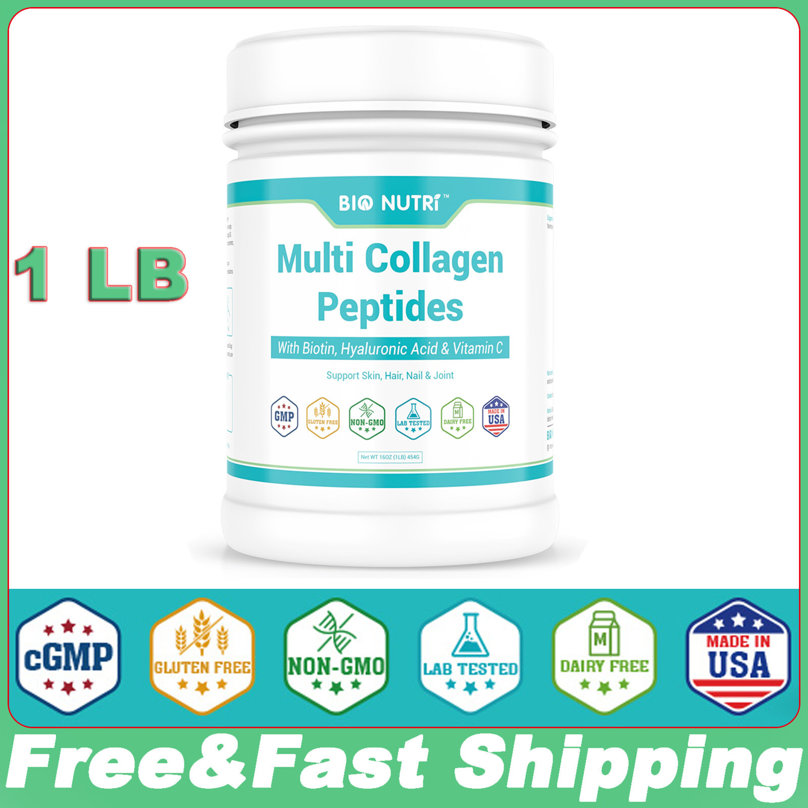 1LB Multi Collagen Peptides Protein Powder–5 Types (I, II, III, V, X) Unflavored