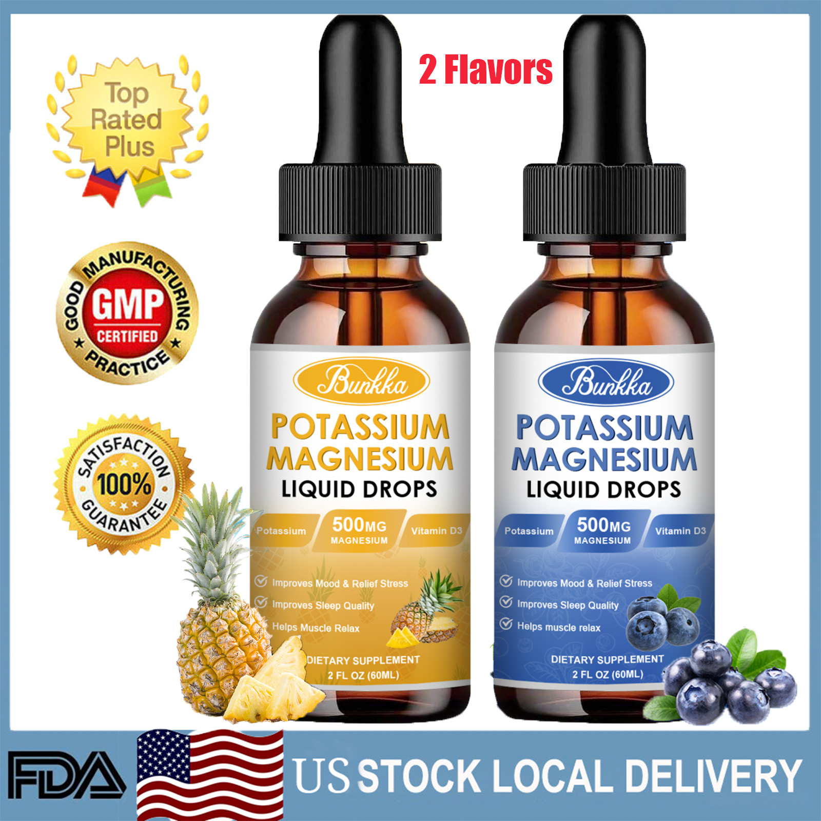 2 Flavors Magnesium Potassium Liquid Drops, ,Improve Sleep Mood,Anxiety Relief