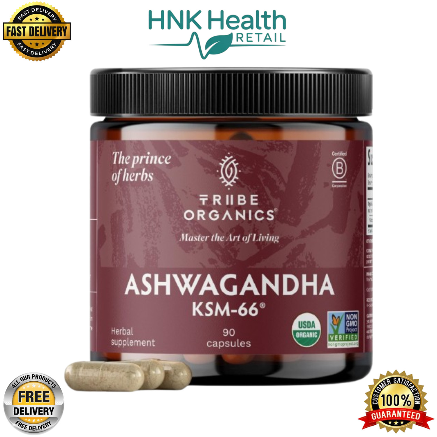 TRIBE ORGANICS Ashwagandha KSM-66, Pure Organic Root Powder Extract – 90 Capsule