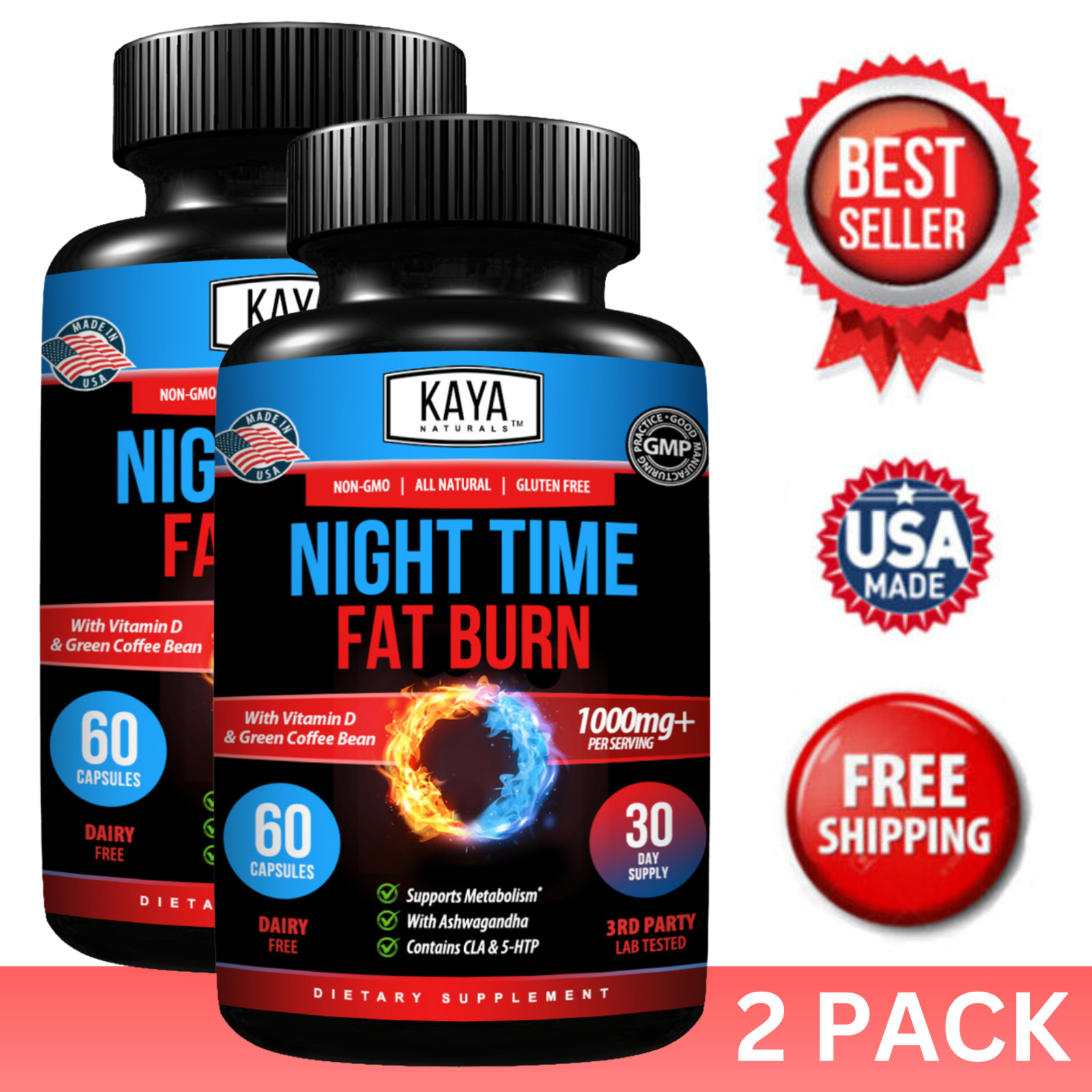 (2 Pack) Night Time Fat Burner 60ct Weight Loss Appetite Suppressant Sleep Aid