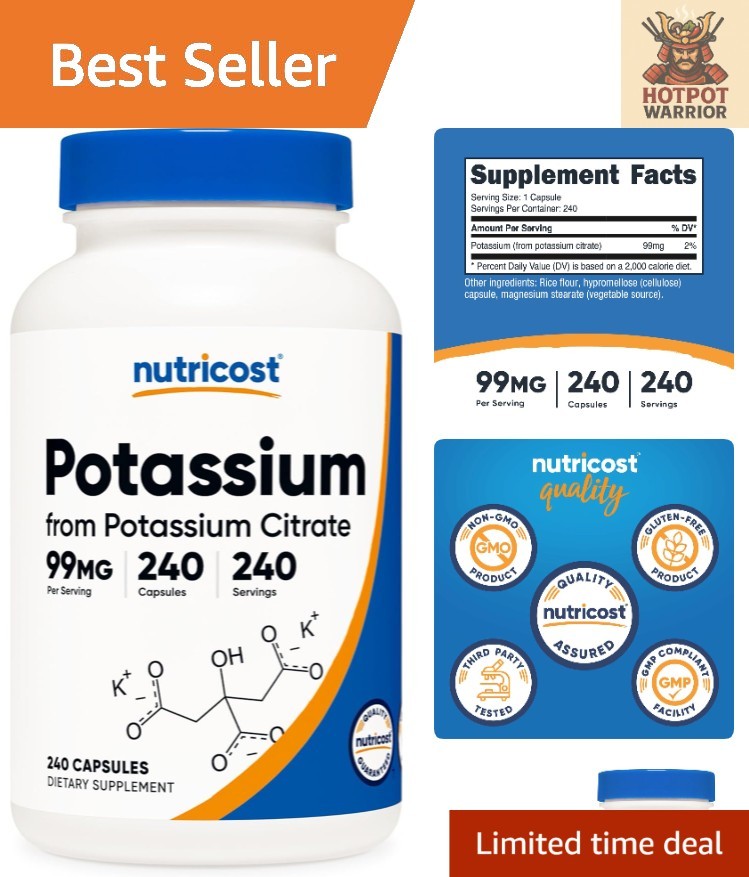 99mg Potassium Citrate Capsules (240 Count) – Gluten Free, Non-GMO Supplement