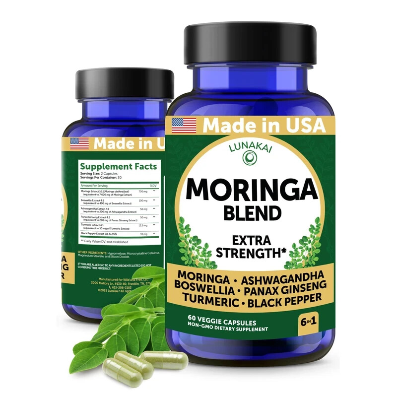 Lunakai USA Made Moringa Blend 60 Capsules Ashwagandha Panax Ginseng Boswellia